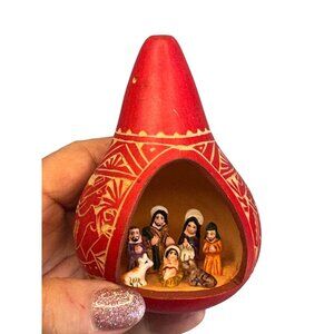 Mexican Folk Art Nativity Gourd Ornament Handcrafted Ornament Signed 2008 4 1/4"